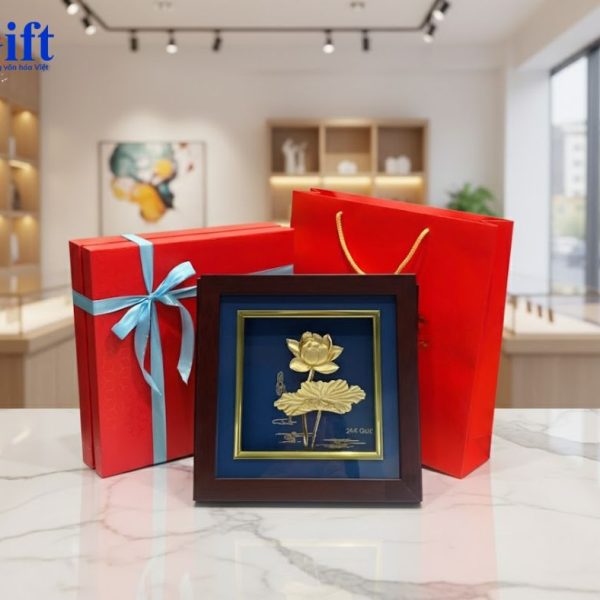 24K Gold-Plated Lotus Flower Copper Painting with Blue Background for Desk SGMNVHD04.2