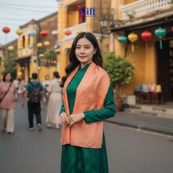 Khăn Lụa Tơ Tằm Vẽ Chợ Bến Thành Màu Cam