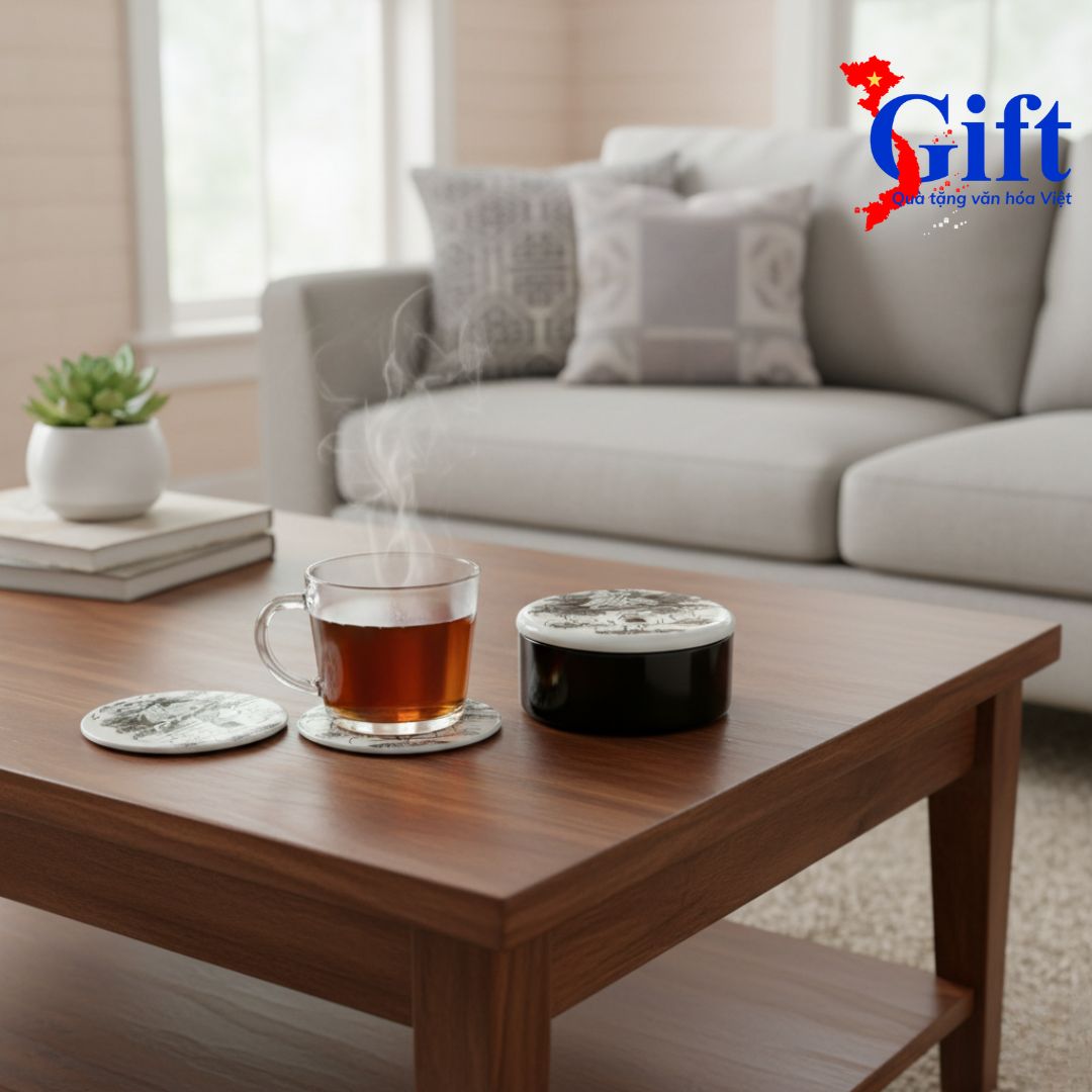 Đế Lót Ly Đồng Quê Trắng Đen Sgift quà tặng văn hóa Việt