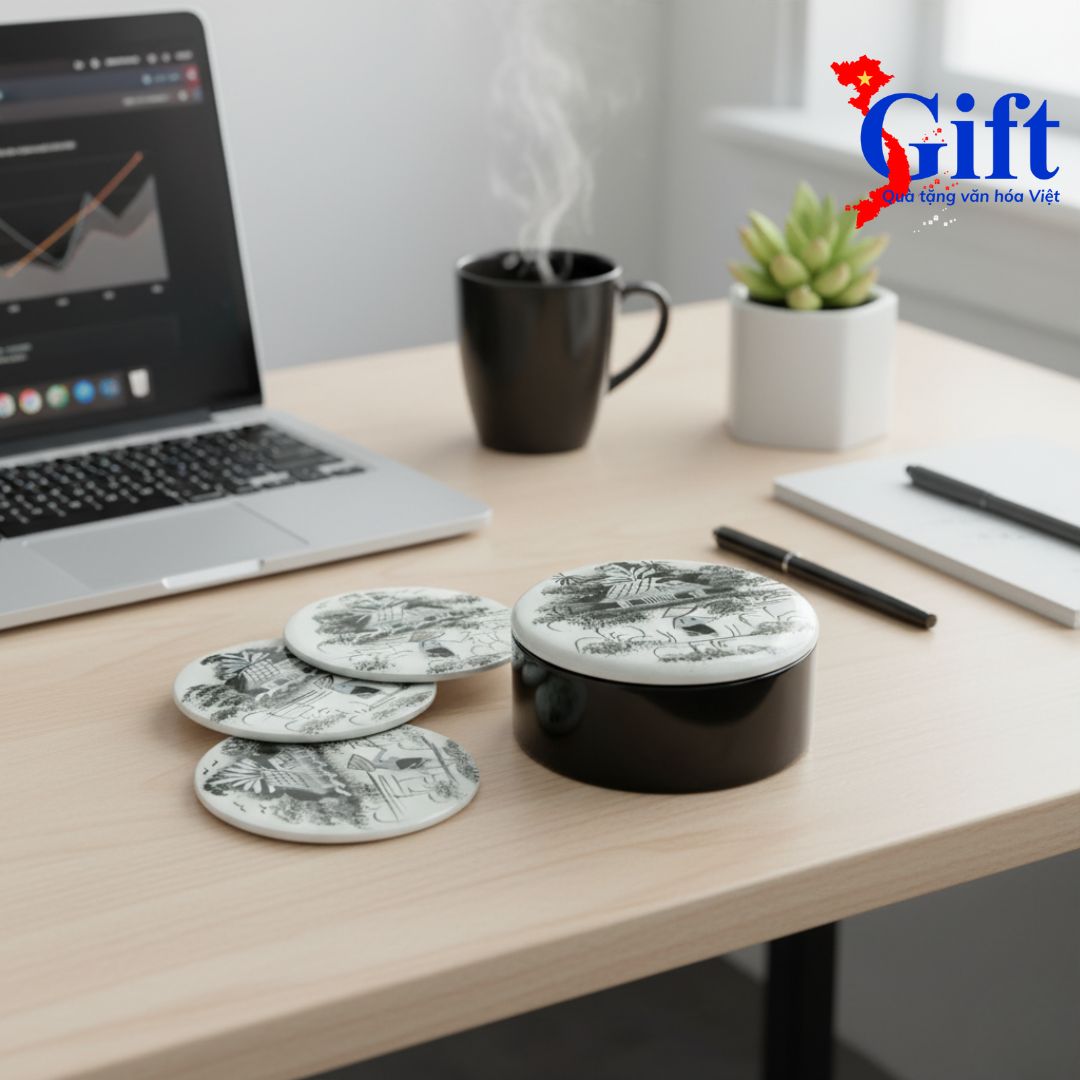 Đế Lót Ly Đồng Quê Trắng Đen Sgift quà tặng văn hóa Việt