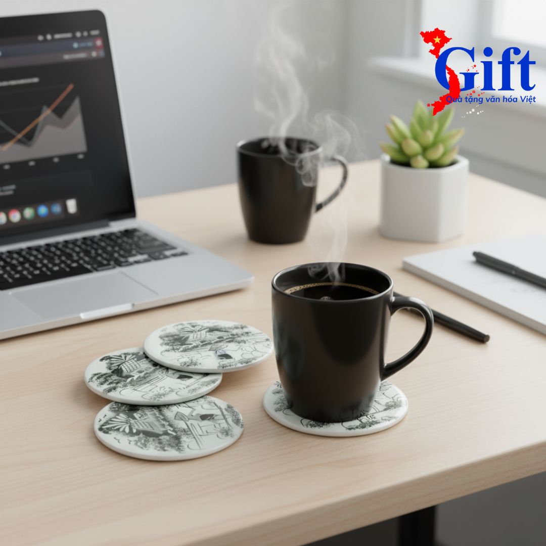 Đế Lót Ly Đồng Quê Trắng Đen Sgift quà tặng văn hóa Việt