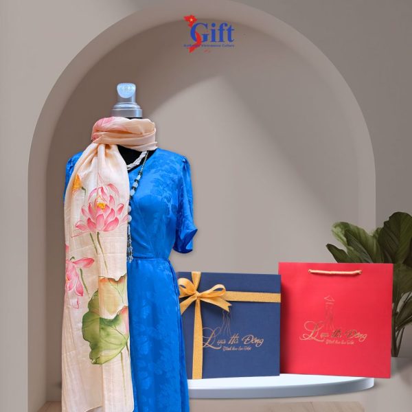 White Ha Dong Silk Scarf with Lotus Painting and Red Gift Box Premium gift bag SGPT70180/7