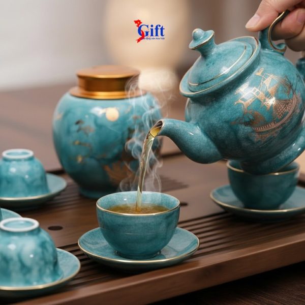 Bộ bình trà cát tường men vân đá Thuận buồm xuôi gió