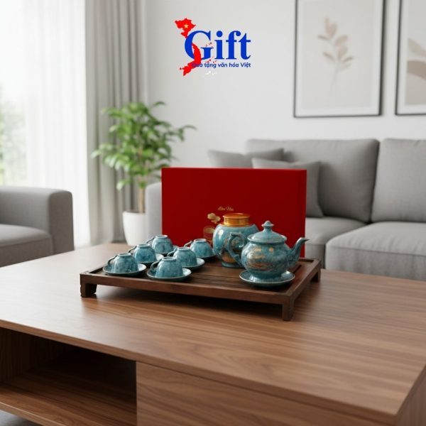 Bộ bình trà cát tường men vân đá Thuận buồm xuôi gió phong thủy gốm bát tràng