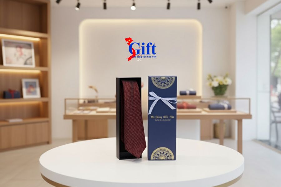 Cà Vạt Lụa Tơ Tằm Họa Tiết Chấm Bi Đỏ Hộp Xanh (1)