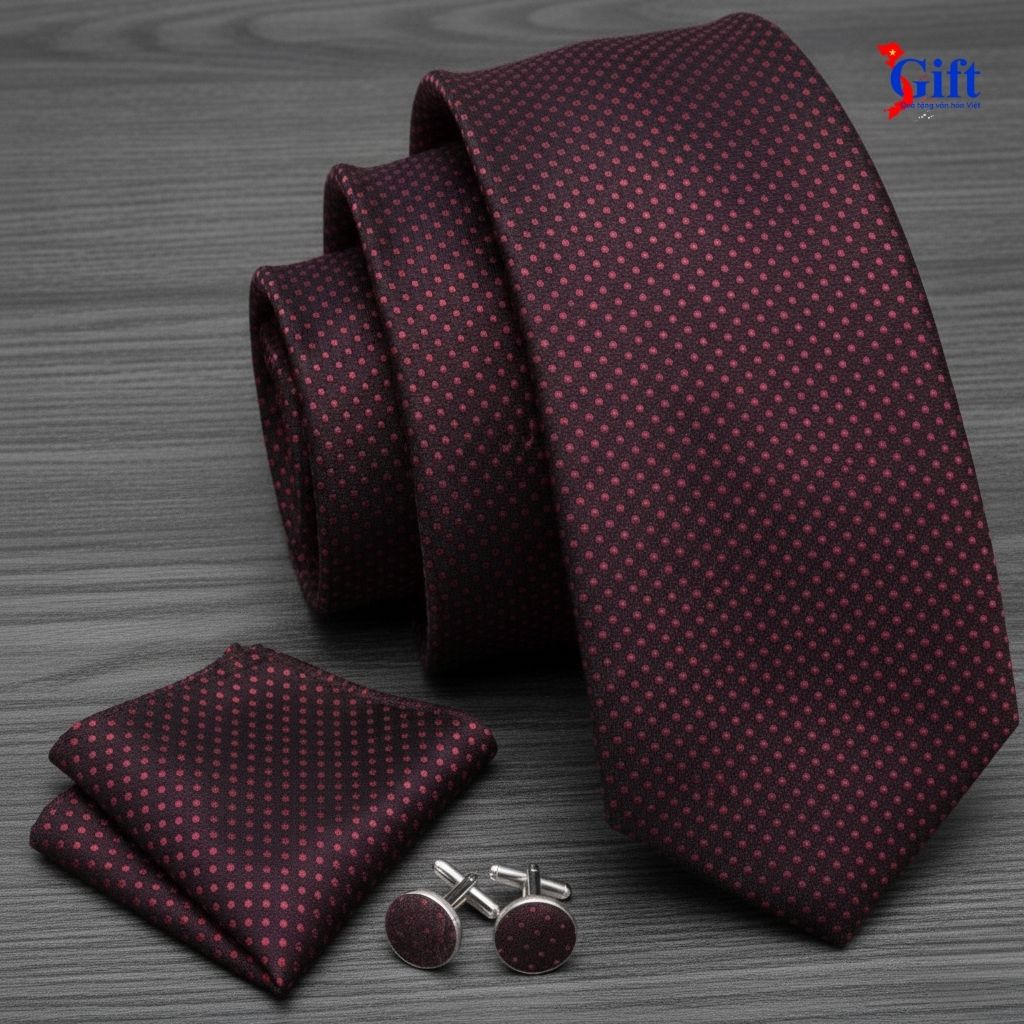 Cà Vạt Lụa hoa tiet chấm vuông đỏ nền đen - Hộp Sgift xanh