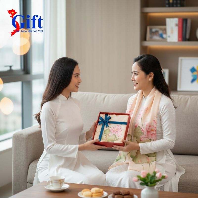 Bộ Quà Tặng Khăn Lụa Hà Đông Cam Vẽ Sen Hộp Trang Sức Đen (2) Bộ Quà Tặng Khăn Lụa Hà Đông Cam Vẽ Sen & Hộp Trang Sức Đen SGPT70180/7