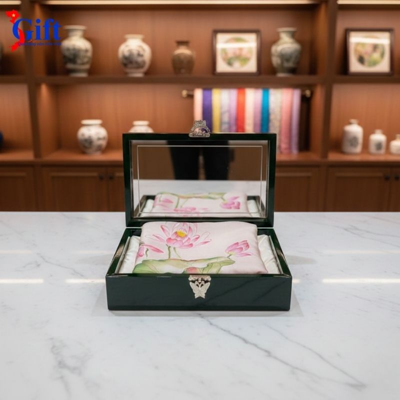 Bộ Quà Tặng Khăn Lụa Hà Đông Cam Vẽ Sen Hộp Trang Sức Đen (4) Bộ Quà Tặng Khăn Lụa Hà Đông Cam Vẽ Sen & Hộp Trang Sức Đen SGPT70180/7