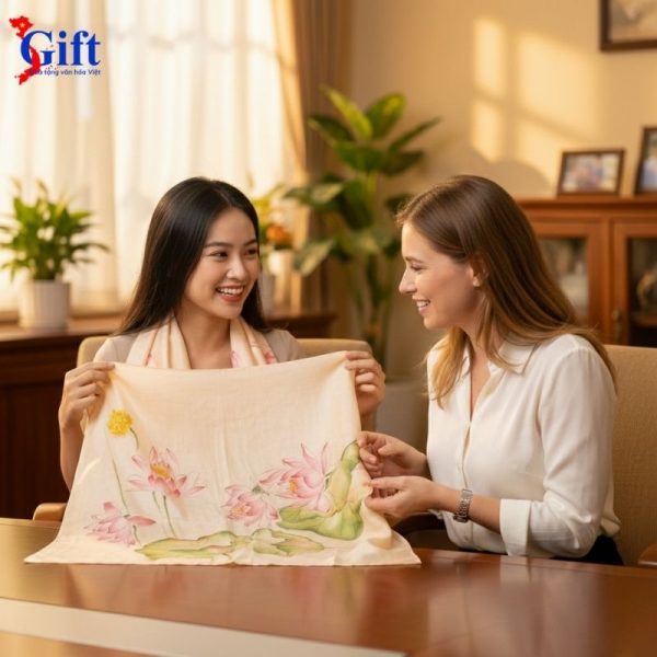 Bộ Quà Tặng Khăn Lụa Hà Đông Cam Vẽ Sen & Hộp Trang Sức Đen SGPT70180/7