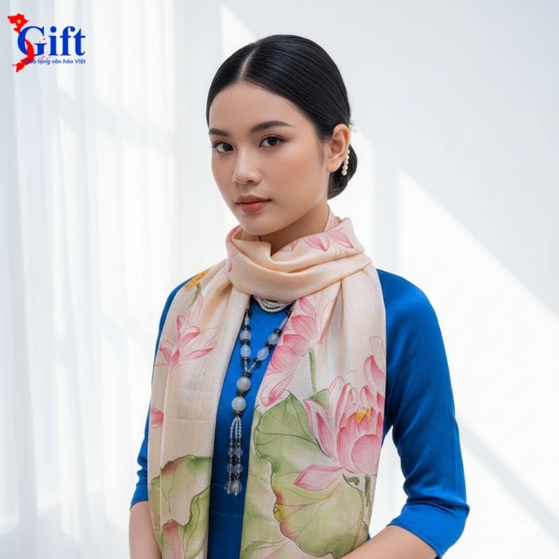 Bộ Quà Tặng Khăn Lụa Hà Đông Cam Vẽ Sen & Hộp Trang Sức Đen SGPT70180/7