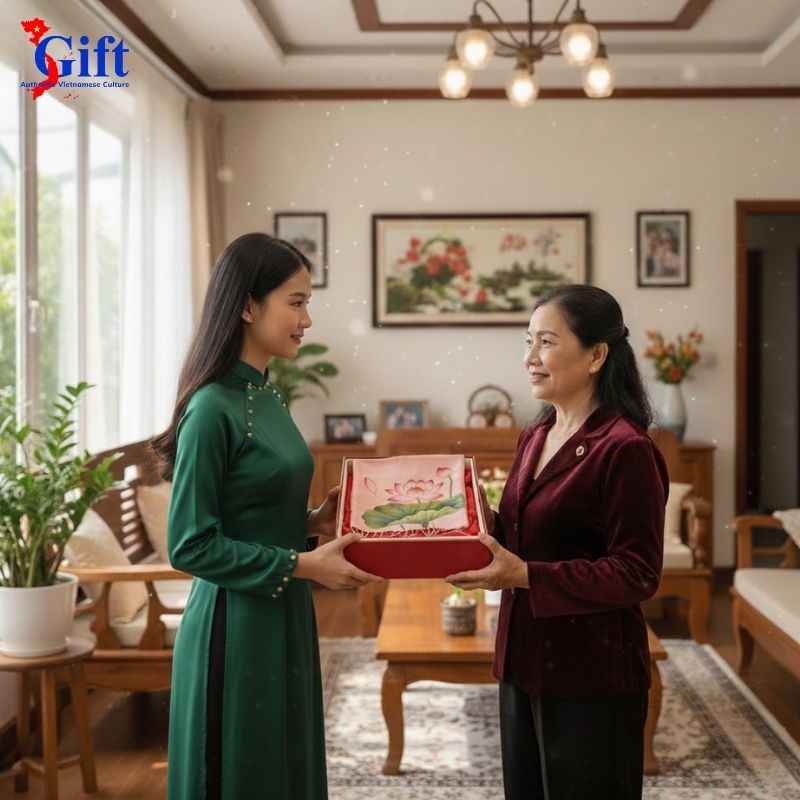 Hand-Painted Pink Lotus Mulberry Silk Scarf with Tassels – Red Gift Box & Premium Gift Bag