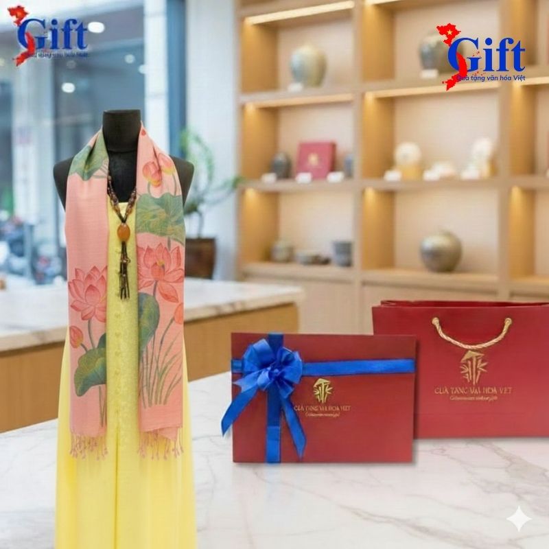 Hộp quà vải lụa tơ tằm Hà Đông Sgift Khăn Lụa Đũi Vẽ Tay Hoa Sen Nền Hồng Tua Rua Hộp đỏ Sgift