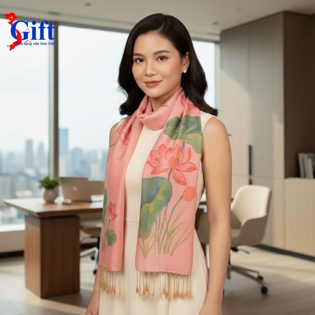 Hand-Painted Pink Lotus Mulberry Silk Scarf with Tassels – Red Gift Box & Premium Gift Bag