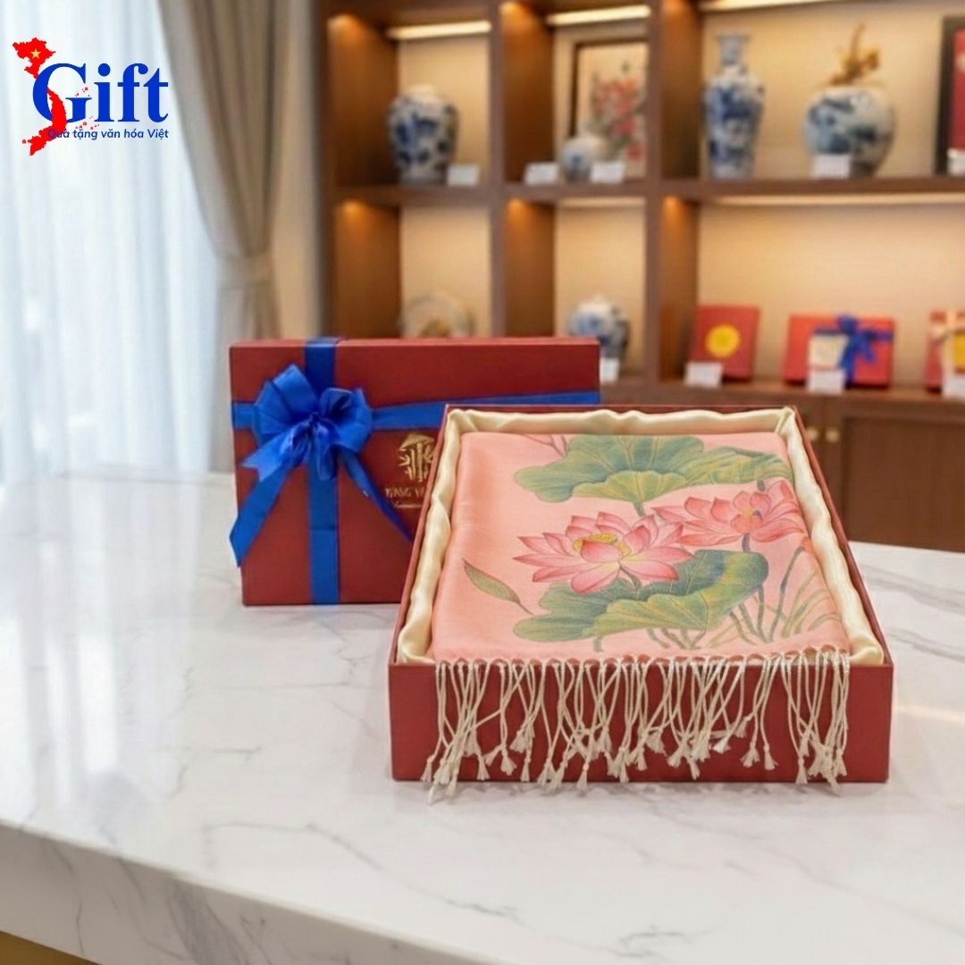 Hand-Painted Pink Lotus Mulberry Silk Scarf with Tassels – Red Gift Box & Premium Gift Bag Hand-Painted Pink Lotus Mulberry Silk Scarf with Tassels – Red Gift Box & Premium Gift Bag