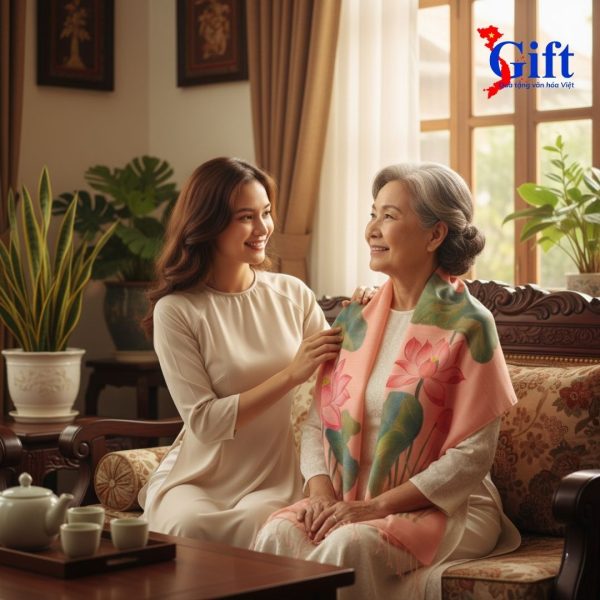 Hand-Painted Pink Lotus Mulberry Silk Scarf with Tassels – Red Gift Box & Premium Gift Bag