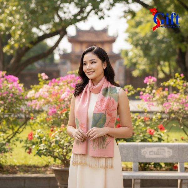 Hand-Painted Pink Lotus Mulberry Silk Scarf with Tassels – Red Gift Box & Premium Gift Bag