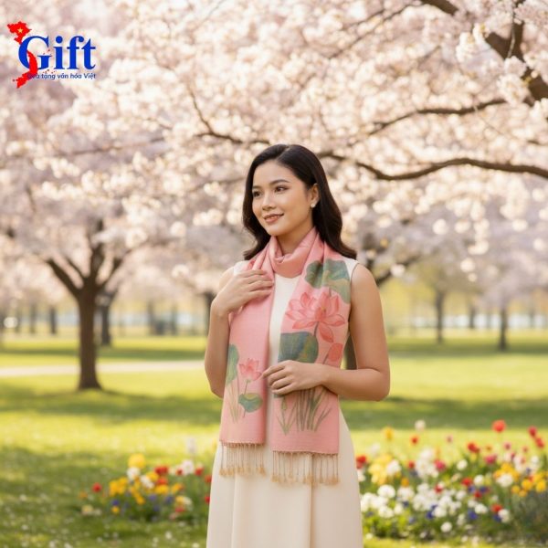 Hand-Painted Pink Lotus Mulberry Silk Scarf with Tassels – Red Gift Box & Premium Gift Bag