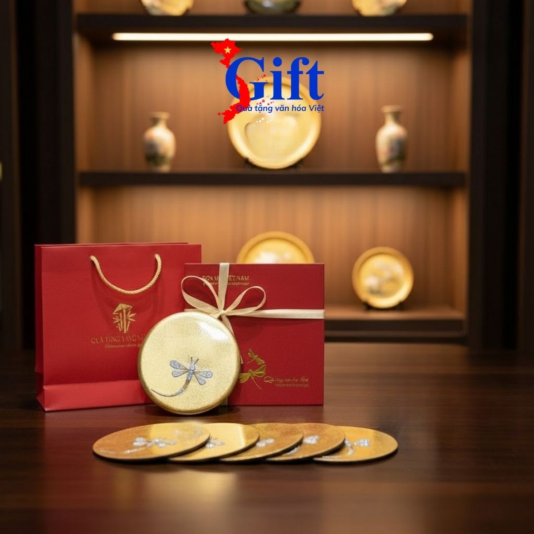 Lót Ly Sơn Mài mỹ nghệ vẽ Chuồn Chuồn Cẩn Trứng Vàng