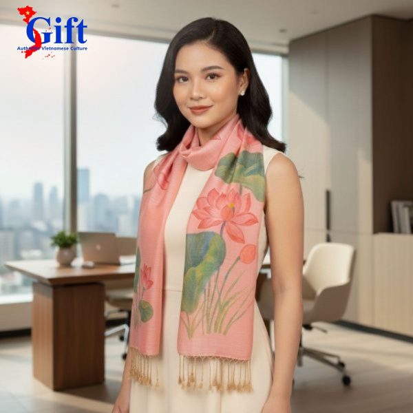 Hand-Painted Pink Lotus Mulberry Silk Scarf with Tassels – Red Gift Box & Premium Gift Bag SGKLTA617-1.1
