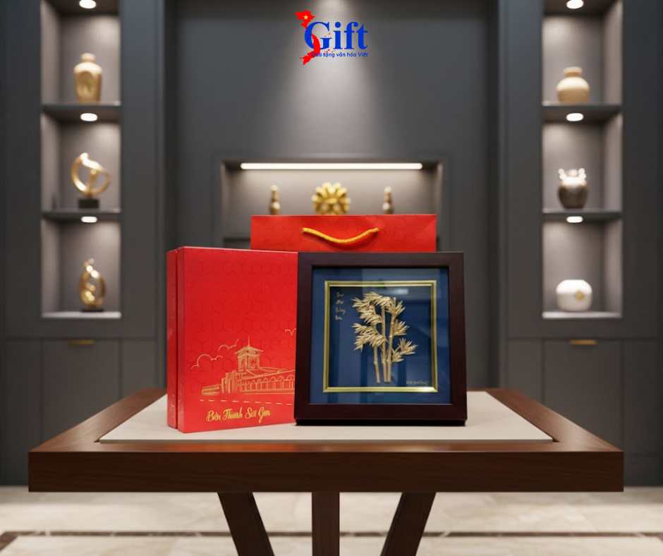 Tranh Đồng Tre trúc dát vàng nền xanh để bàn 24k