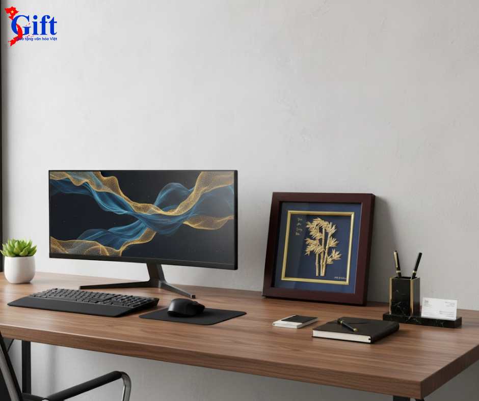 Tranh Đồng Tre trúc dát vàng nền xanh để bàn 24k