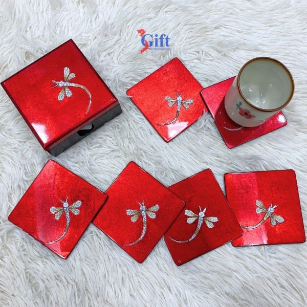 Lót Ly Sơn Mài Cẩn Trứng Chuồn Chuồn Vuông Nền Đỏ SGDLL10-4