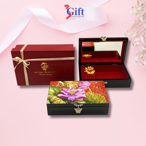 Combo Hộp đựng trang sức sen hồng tím nền đỏ + hộp ép kim SGCBHTSHD04-1