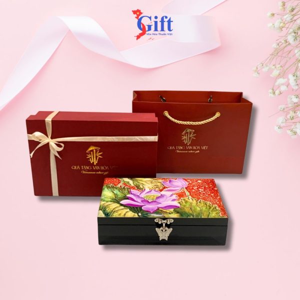 Combo Hộp đựng trang sức sen hồng tím nền đỏ + hộp ép kim SGCBHTSHD04-1