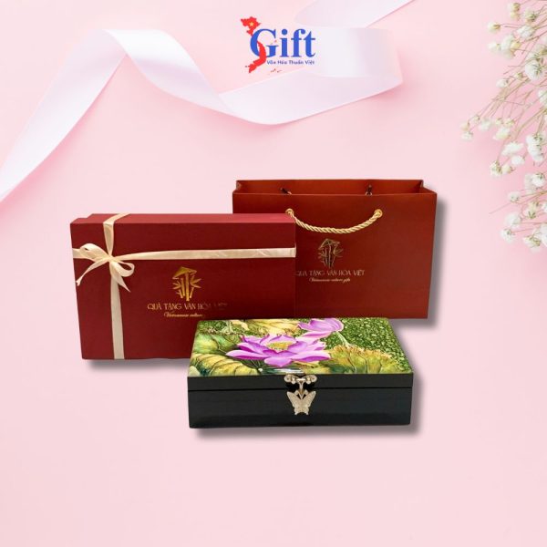 Combo Hộp đựng trang sức sen hồng tím nền xanh + hộp ép kim SGCBHTSHD04-3