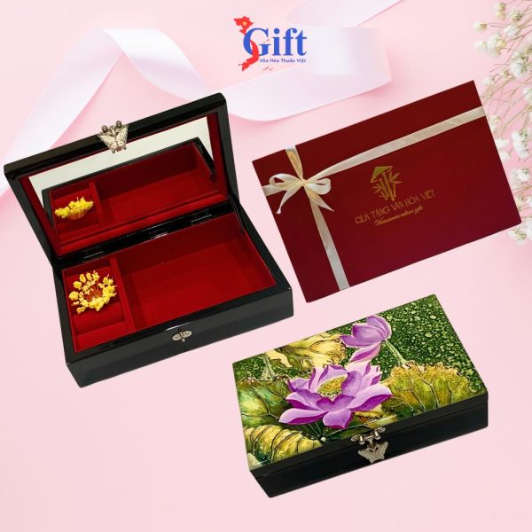 Combo Hộp đựng trang sức sen hồng tím nền xanh + hộp ép kim SGCBHTSHD04-3