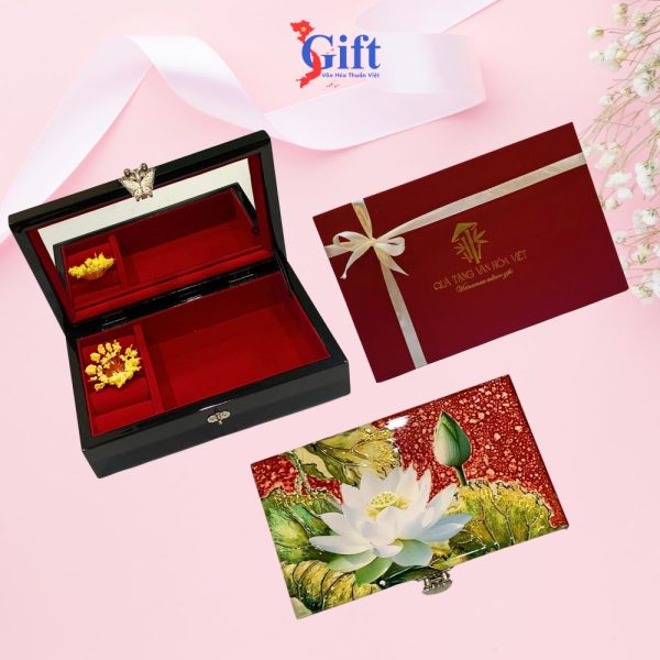 Combo Hộp đựng trang sức sen trắng nền đỏ + hộp ép kim SGCBHTSHD04