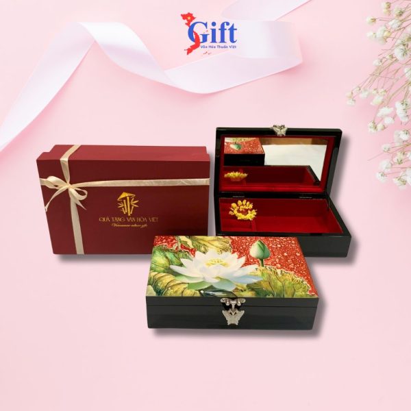 Combo Hộp đựng trang sức sen trắng nền đỏ + hộp ép kim SGCBHTSHD04