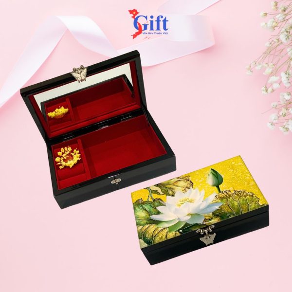 Combo Hộp đựng trang sức SM sen trắng nền vàng + hộp ép kim SGCBHTSHD04-5