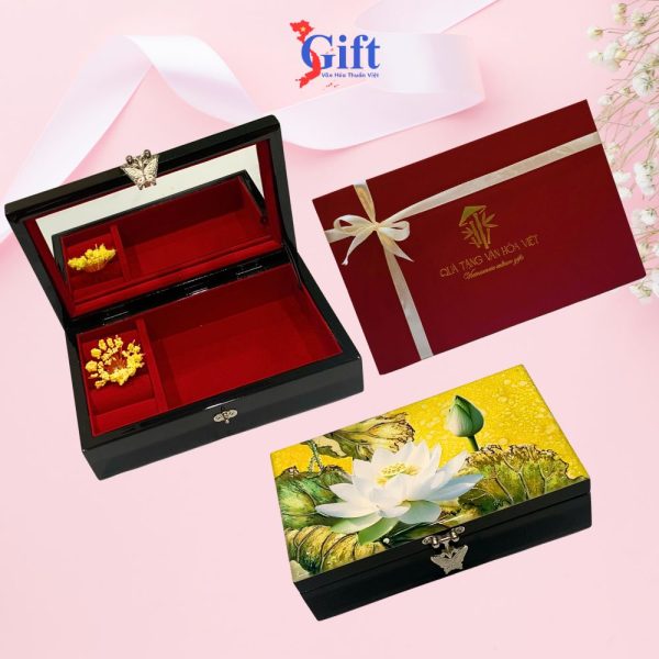 Combo Hộp đựng trang sức SM sen trắng nền vàng + hộp ép kim SGCBHTSHD04-5
