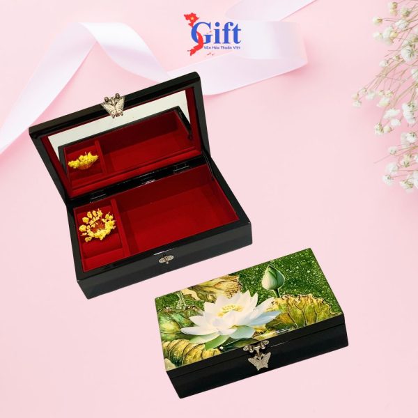 Combo Hộp đựng trang sức sen trắng nền xanh + hộp ép kim SGCBHTSHD04-4