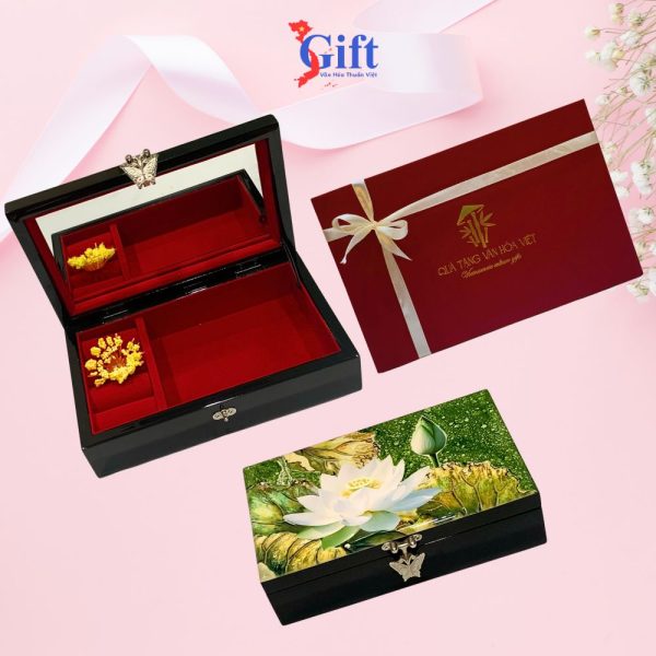 Combo Hộp đựng trang sức sen trắng nền xanh + hộp ép kim SGCBHTSHD04-4