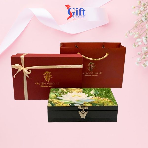 Combo Hộp đựng trang sức sen trắng nền xanh + hộp ép kim SGCBHTSHD04-4