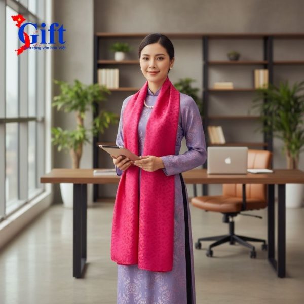 Khăn Lụa Hoa Màu Hồng – Hộp Sơn Mài Đen & Túi Quà Tặng SGKLTA419