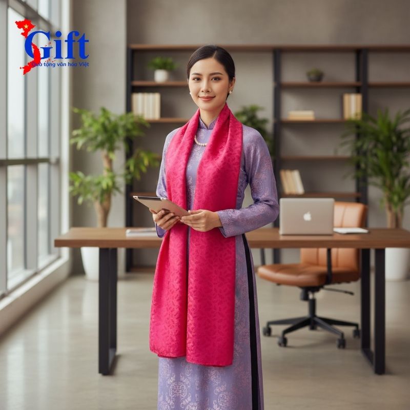 Khăn Lụa Hoa Màu Hồng – Hộp Sơn Mài Đen & Túi Quà Tặng SGKLTA419