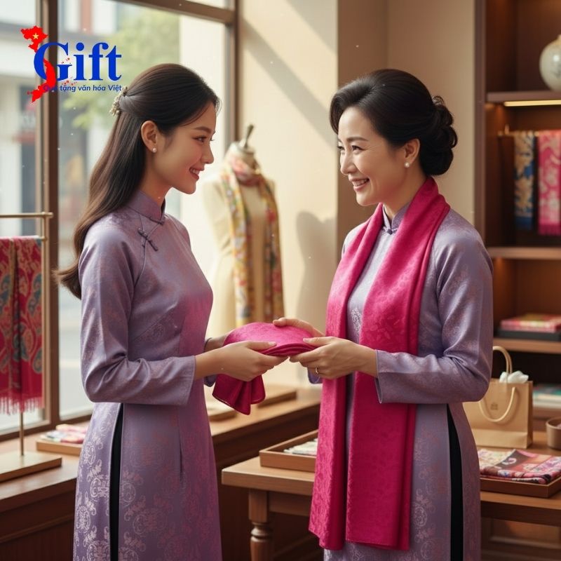 Pink Floral Silk Scarf – Black Lacquer Box & Gift Bag Khăn Lụa Hoa Màu Hồng – Hộp Sơn Mài Đen & Túi Quà Tặng SGKLTA419