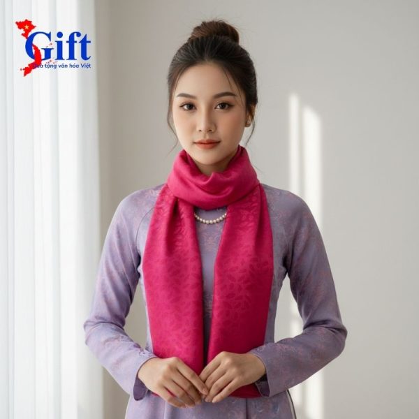 Khăn Lụa Hoa Màu Hồng – Hộp Sơn Mài Đen & Túi Quà Tặng SGKLTA419