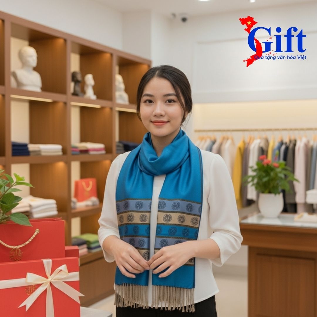 Khăn Lụa Trống Đồng Văn Miếu Quốc Tử Giám Xanh Dương