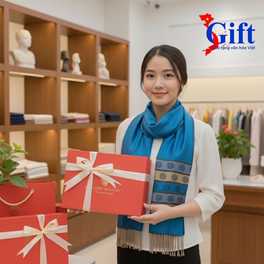 Khăn Lụa Trống Đồng Văn Miếu Quốc Tử Giám Xanh Dương