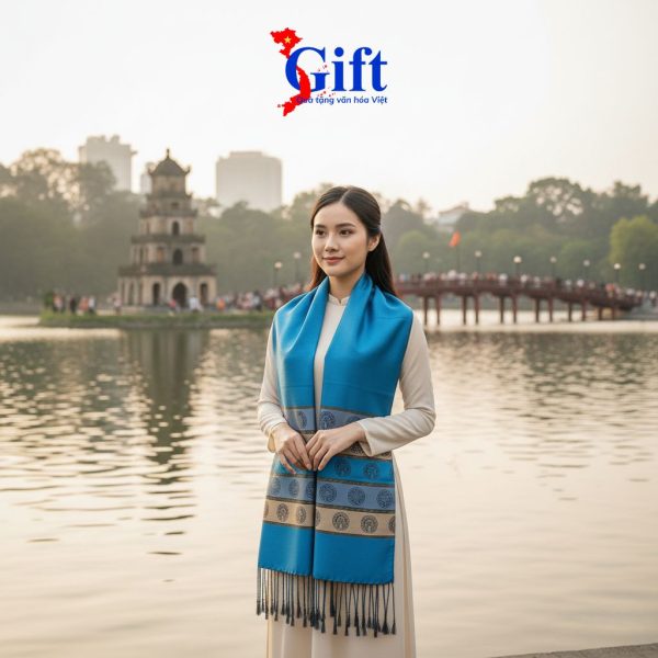 Blue Temple of Literature Bronze Drum Silk Scarf