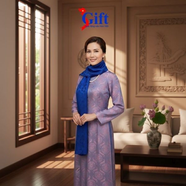 Combo Khăn lụa tơ tằm vân hoa mây xanh dương – Hộp sơn mài SGKLTA419