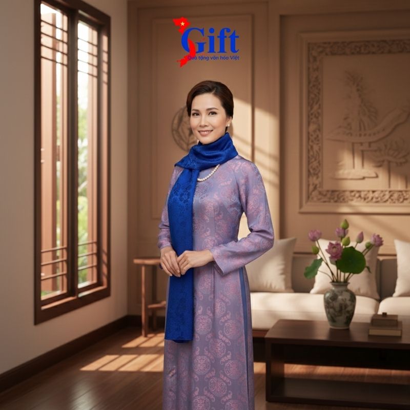 Khăn lụa tơ tằm vân hoa mây xanh dương (4) Combo Khăn lụa tơ tằm vân hoa mây xanh dương – Hộp sơn mài SGKLTA419