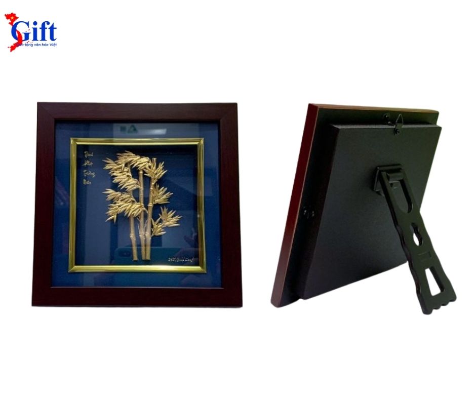 Tranh Đồng Tre trúc dát vàng nền xanh để bàn 24k