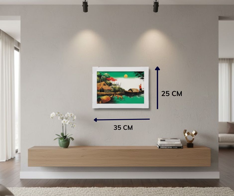 Bộ tranh sơn mài đồng quê nền xanh và khung trắng SGTSM2030/khung