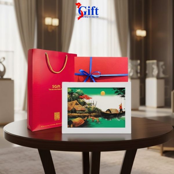 Bộ Tranh Sơn Mài Đồng Quê Nền Xanh SGTSM2030 - Quà Tặng Đối Tác Thanh Lịch và Đẳng Cấp