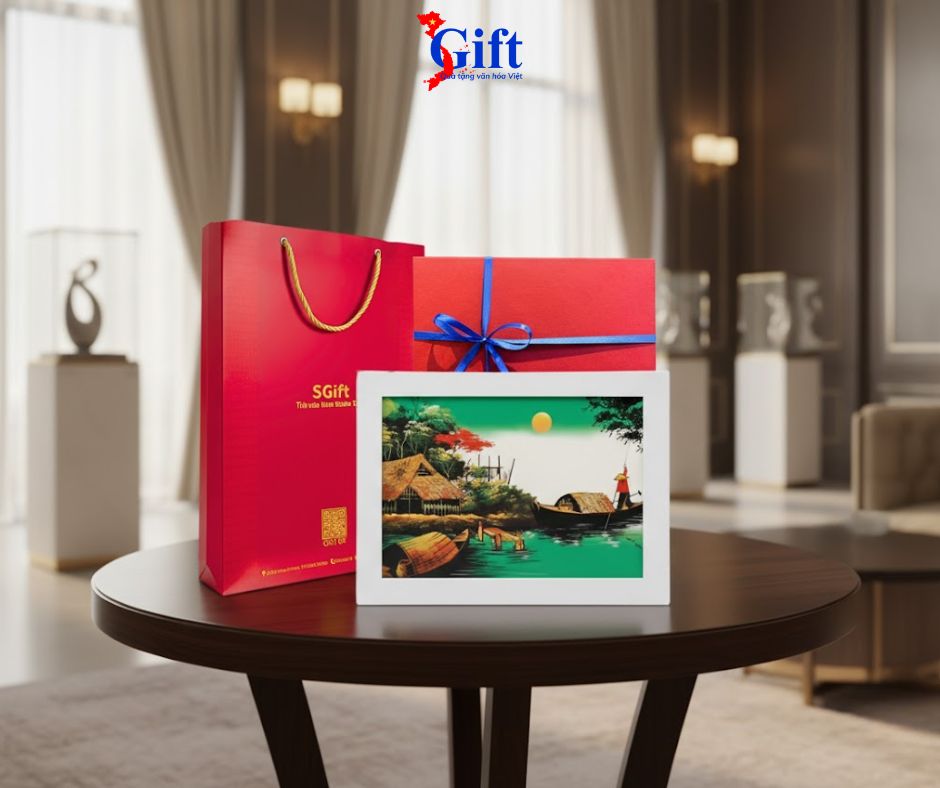 Bộ tranh sơn mài đồng quê nền xanh và khung trắng SGTSM2030/khung